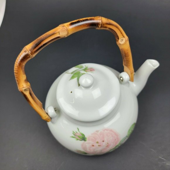 Aluminite Frugier Floral Tea Pot Bamboo Handle Vintage Limoges France EUC - Picture 5 of 12